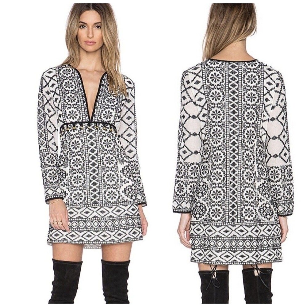 Revolve Antik Batik Dress Black White M Embroidered Tassel Boho Romantic Goth